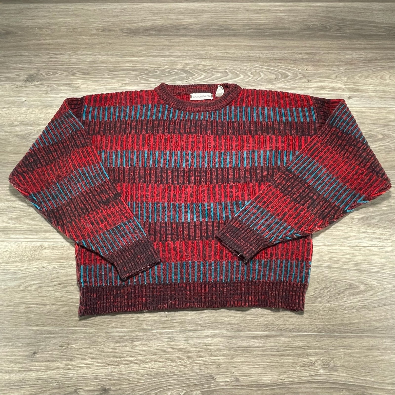 Vintage Saturdays Sweater Mens Large Red Stripe Knit Crewneck Pullover 90s