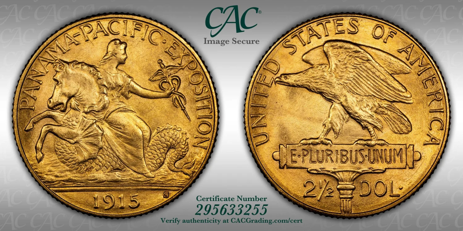 1915-S $2.50 CACG MS66 CAC Panama-Pacific Gold Commemorative Quarter Eagle 33255 1915-S $2.50 CACG MS66 CAC Panama-Pacific Gold Commemorative Quarter Eagle 33255