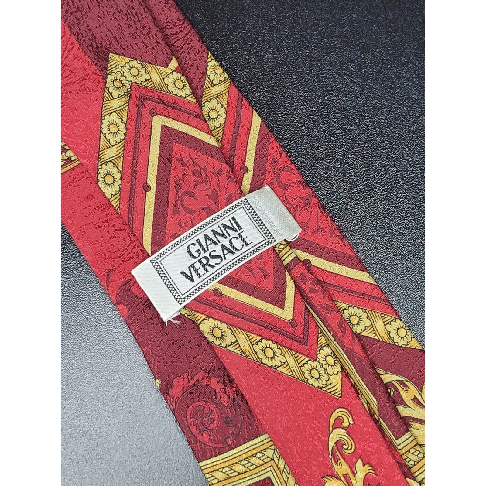Vintage 1990s Gianni Versace Tie Red Gold Baroque Geometric Silk Italy
