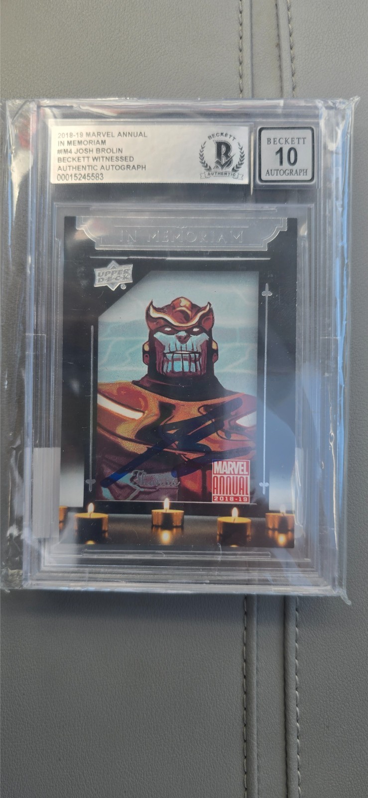 Josh Brolin Thanos Autograph 2018-19 Marvel Annual In Memoriam #IM4 Beckett 10 S Josh Brolin Thanos Autograph 2018-19 Marvel Annual In Memoriam #IM4 Beckett 10 S