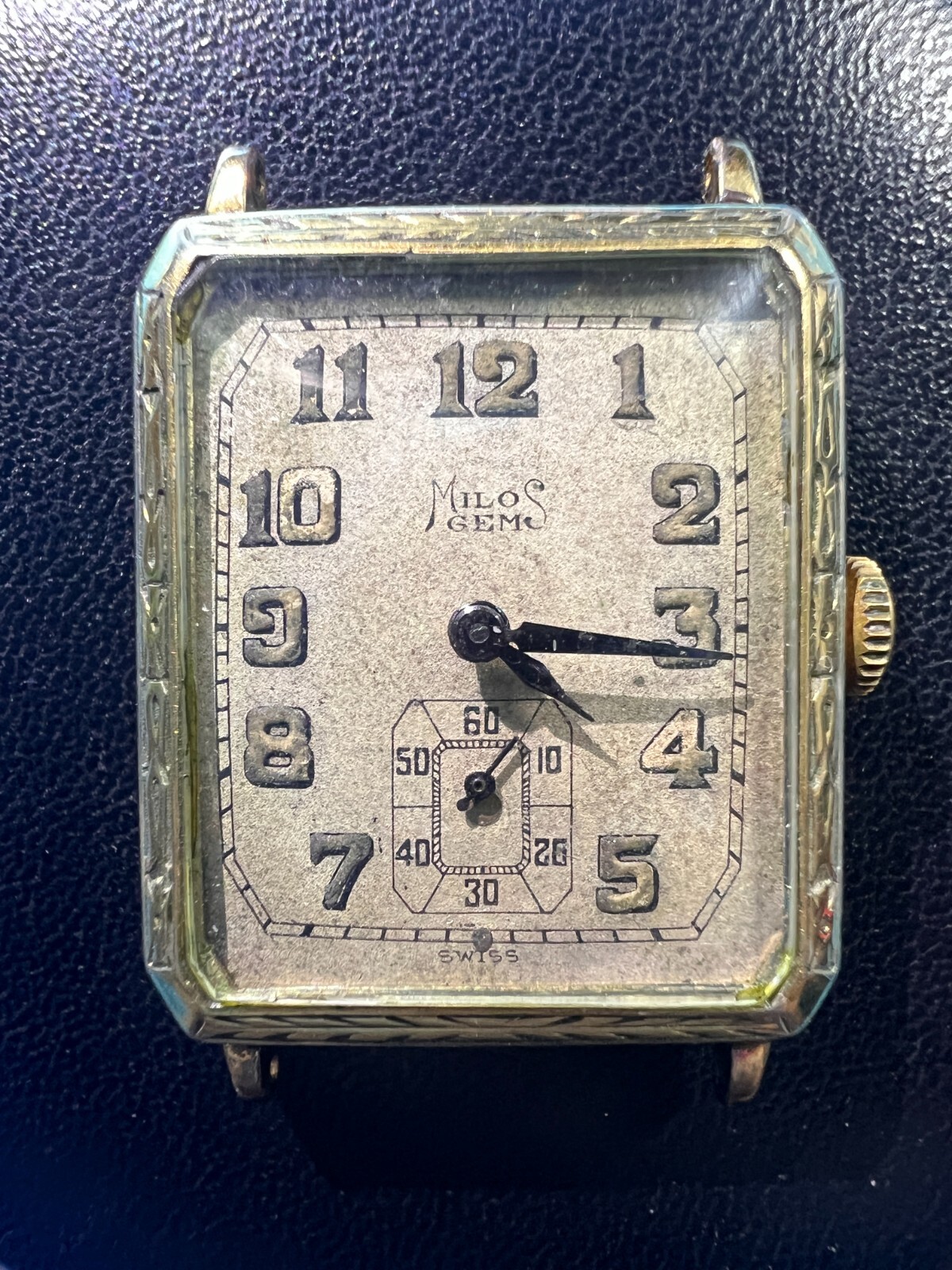 Ornate 1920s MILOS Men\'s WWI Era 14k Gold-filled Tank Watch Lizard Band Working