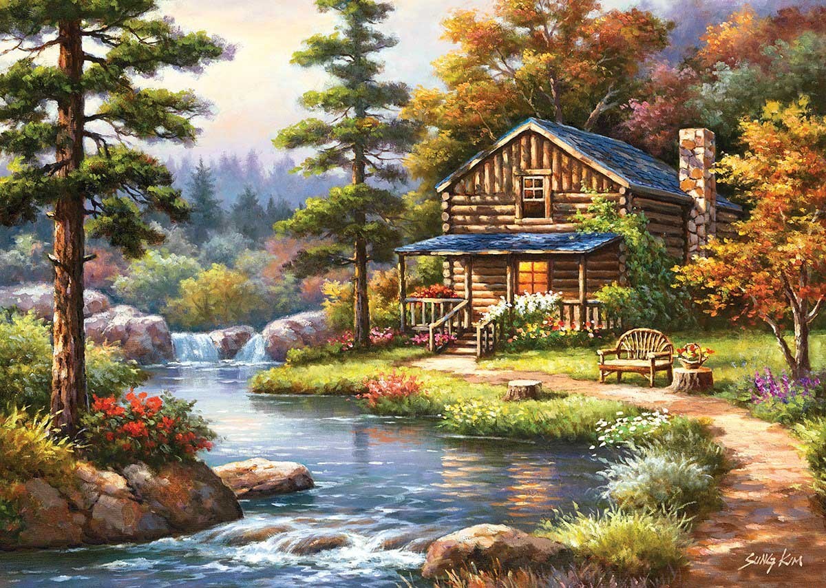 Canvas art print giclée poster pillow. mountain creek cabin near lake