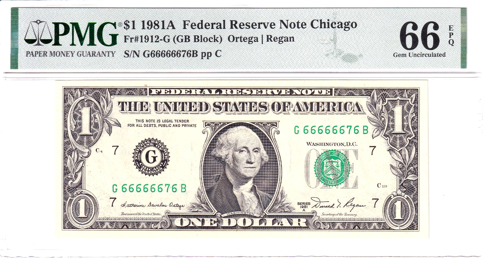 1981-A $1 FRN PMG Gem Unc 66EPQ 6/7 Binary Near Solid #G66666676B