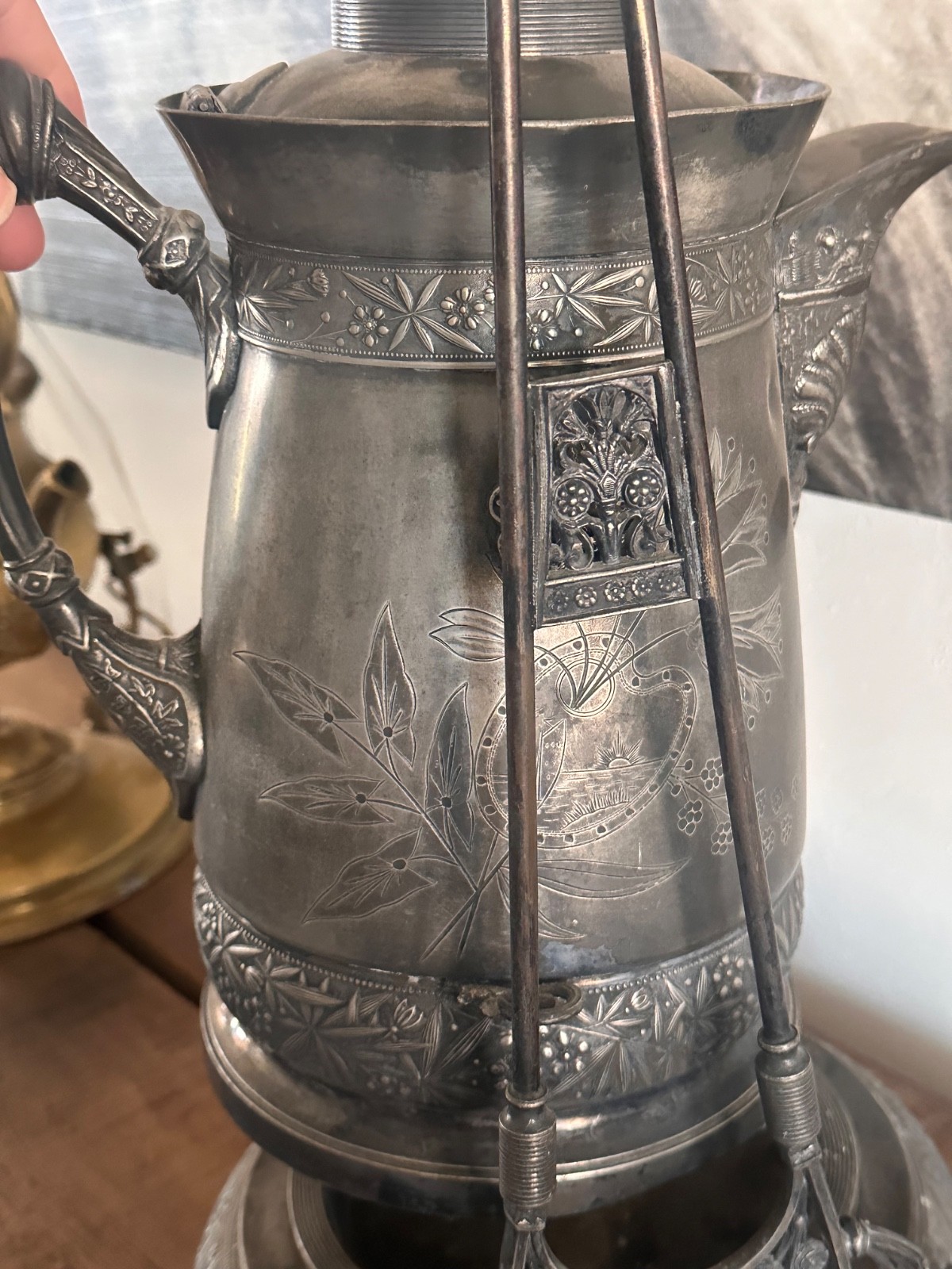 Antique Victorian Silver-Plated Tilting Water Pitcher with Stand and cup Antique Victorian Silver-Plated Tilting Water Pitcher with Stand and cup