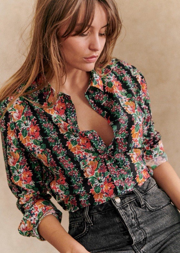 Sézane Pierro Long Sleeve Button-Down Shirt Black Striped Floral Womens Sz EU 34