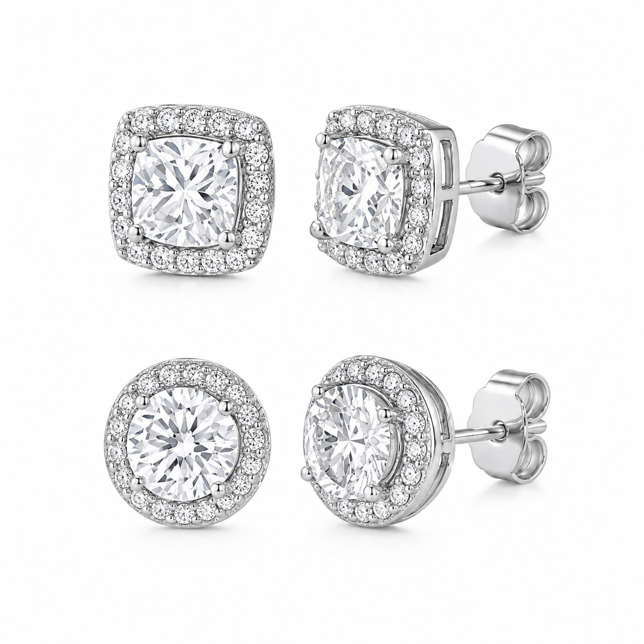 2Pair Silver Plated Stud Earrings With Cubic Zirconia For Men, Women Unisex Gift