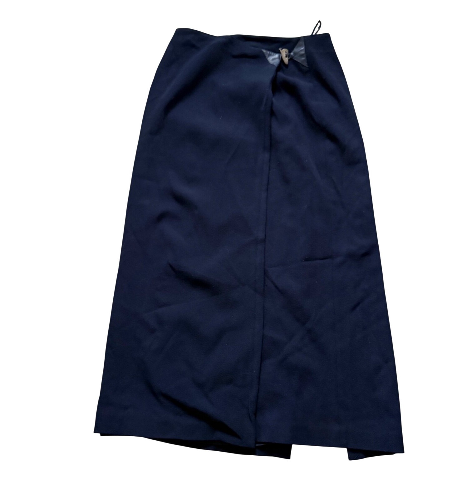 Worth Women\'s Wrap Midi Skirt 12 Wool Blend Navy Blue Leather Bow Wood Vintage