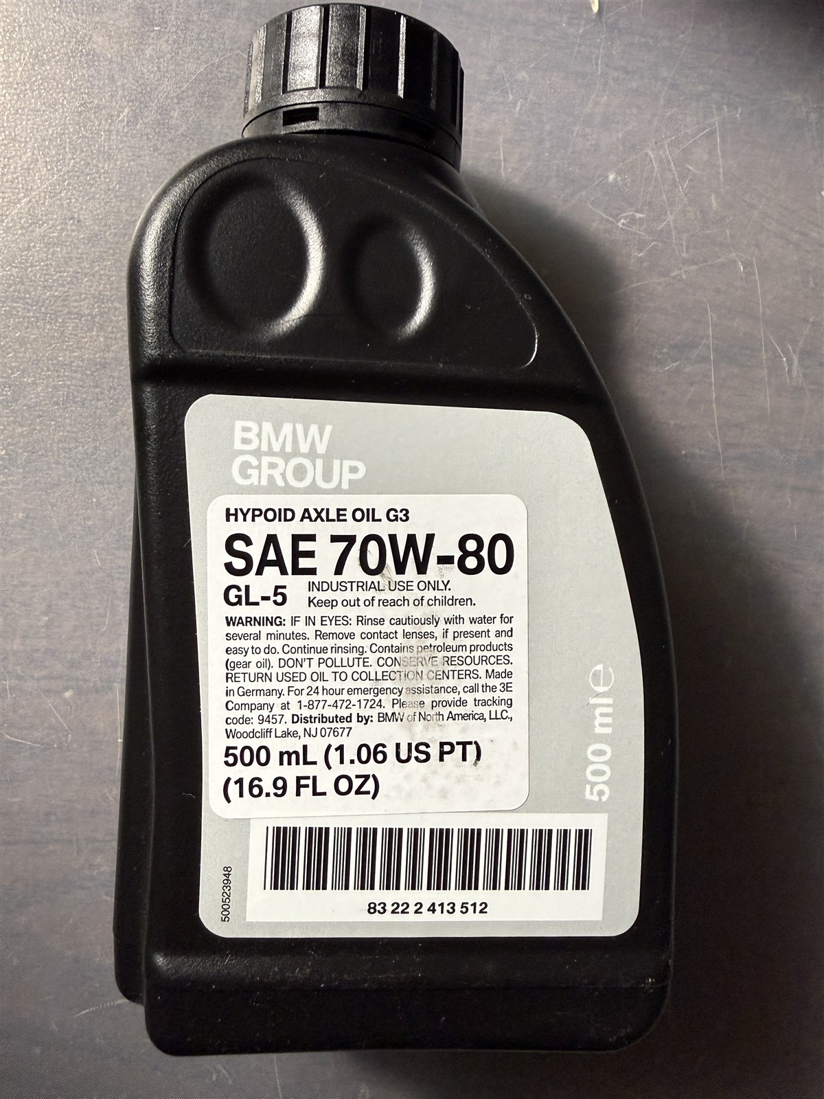 Genuine BMW Hypoid Axle Oil G3 70W-80 500mL 83222413512 OEM Rear Differential