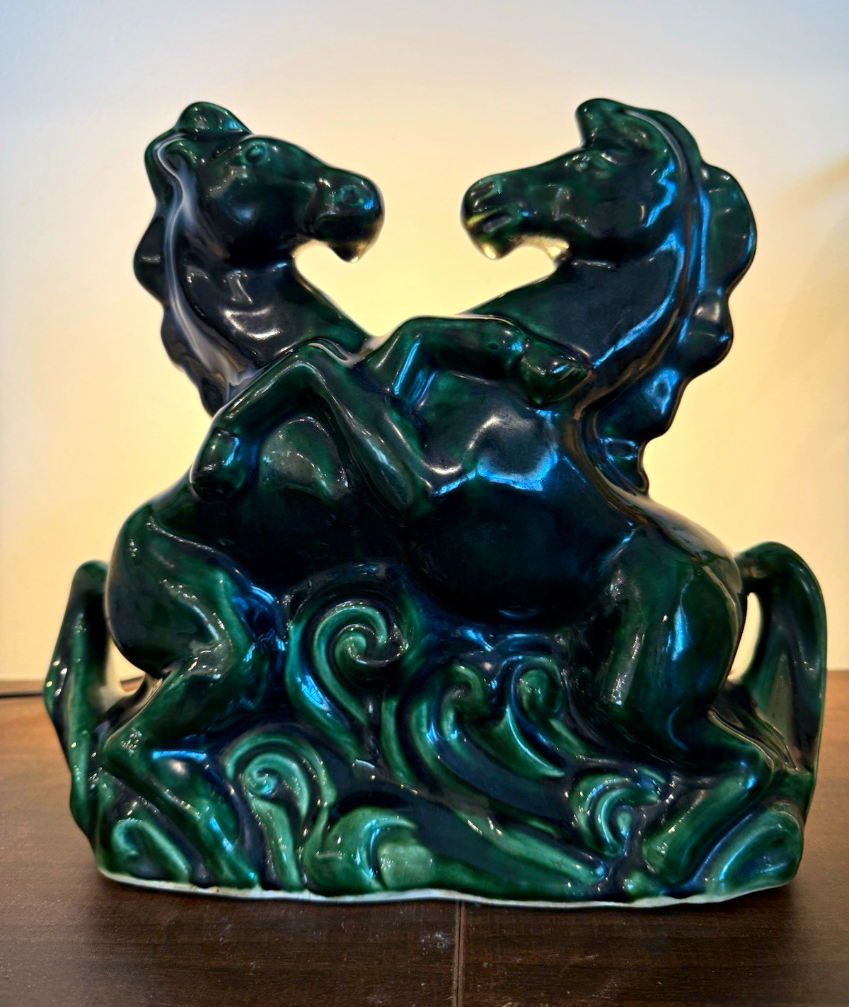 Vintage Mid-Century Modern Double Horse Ceramic TV Lamp – Green Glaze – Working