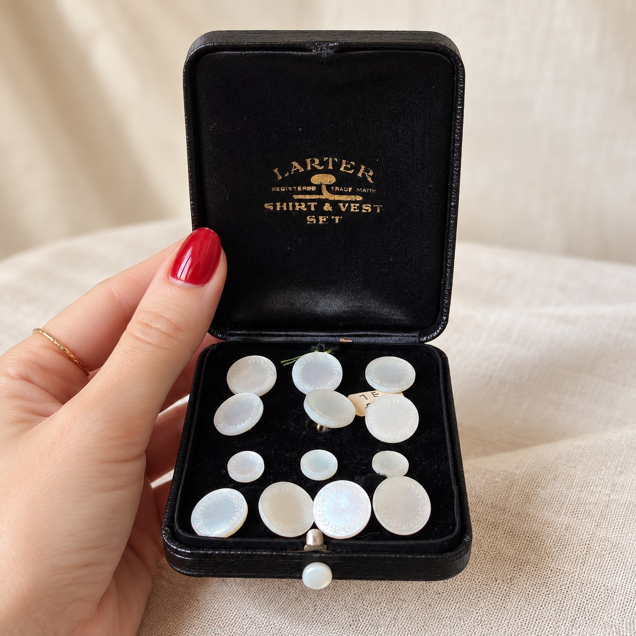 Antique Larter Sons Mother of Pearl Rolled Gold Cufflink Stud Vest Button Set 13