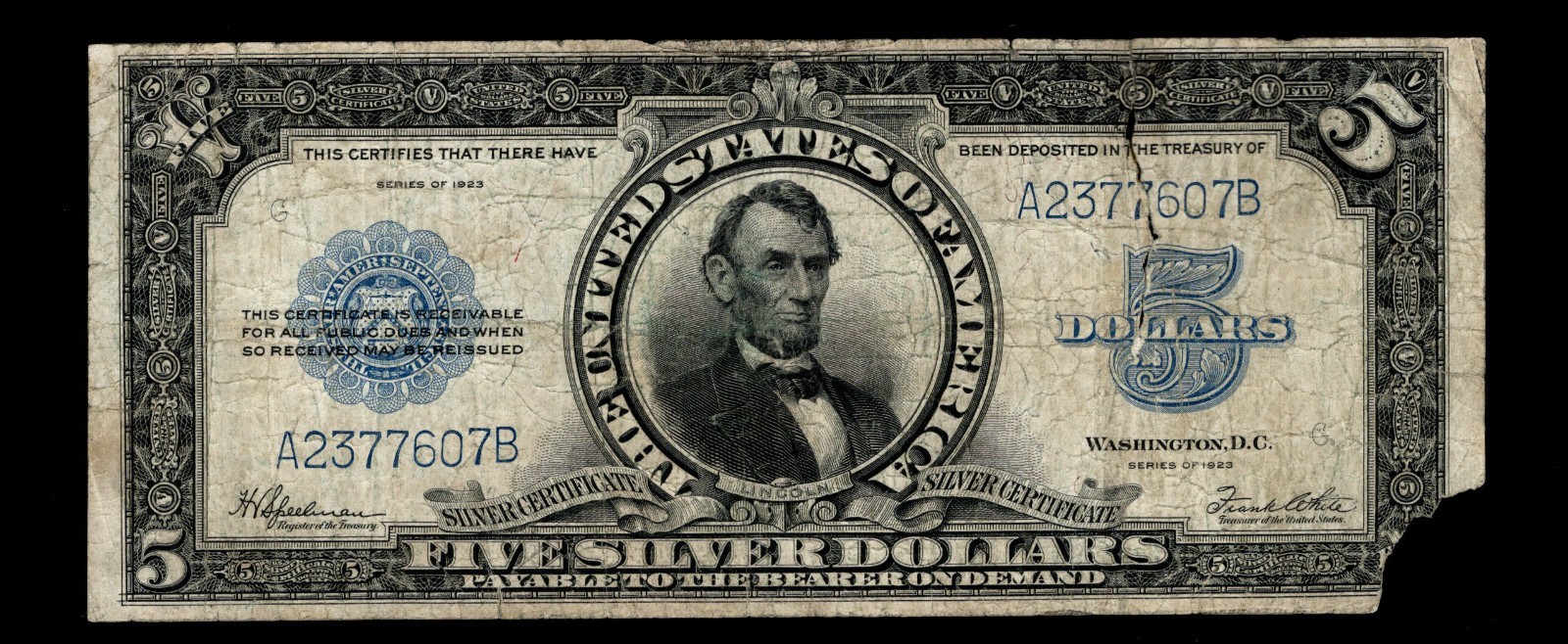 1923 Silver Certificate Five Dollar Bill FR 282 Lincoln Porthole Note