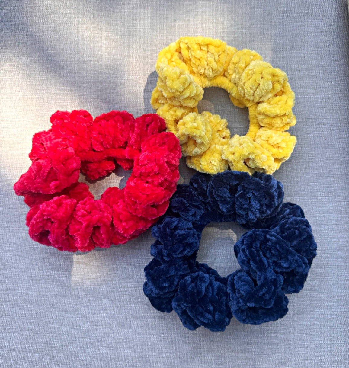 3 Handmade crochet Velvet Scrunchie Plush Hair Ties Soft Chuncky Hair  Accessory