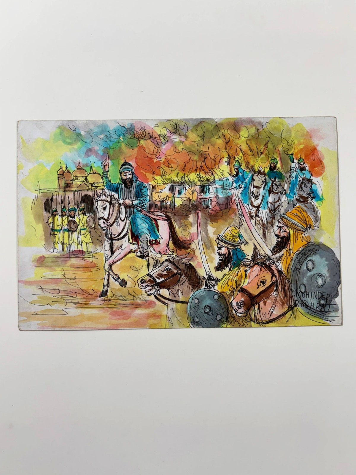 Original Indian Watercolour Painting Cavalry Battle SIKH Horses Warriors Folk A
