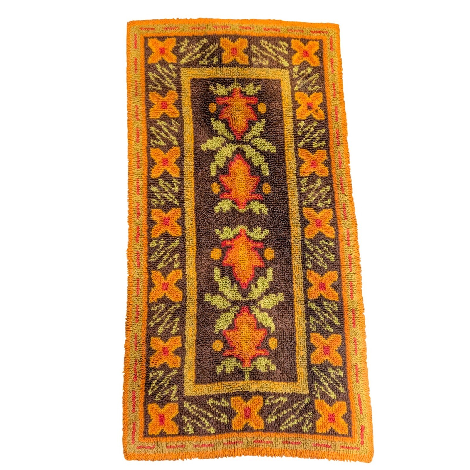 Vintage 70s Latch Hook Long Rug Runner Brown Orange Floral Leaf Retro MCM 31x62