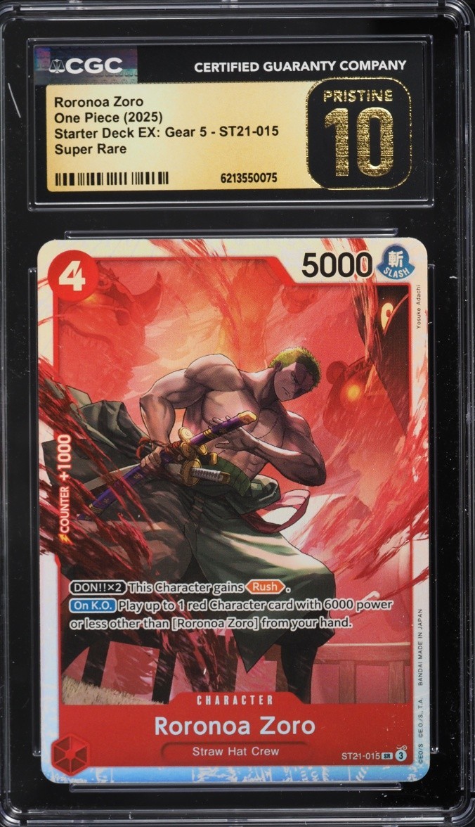 Roronoa Zoro ST21-015 CGC 10 Pristine ENGLISH One Piece Started Deck Super Rare Roronoa Zoro ST21-015 CGC 10 Pristine ENGLISH One Piece Started Deck Super Rare