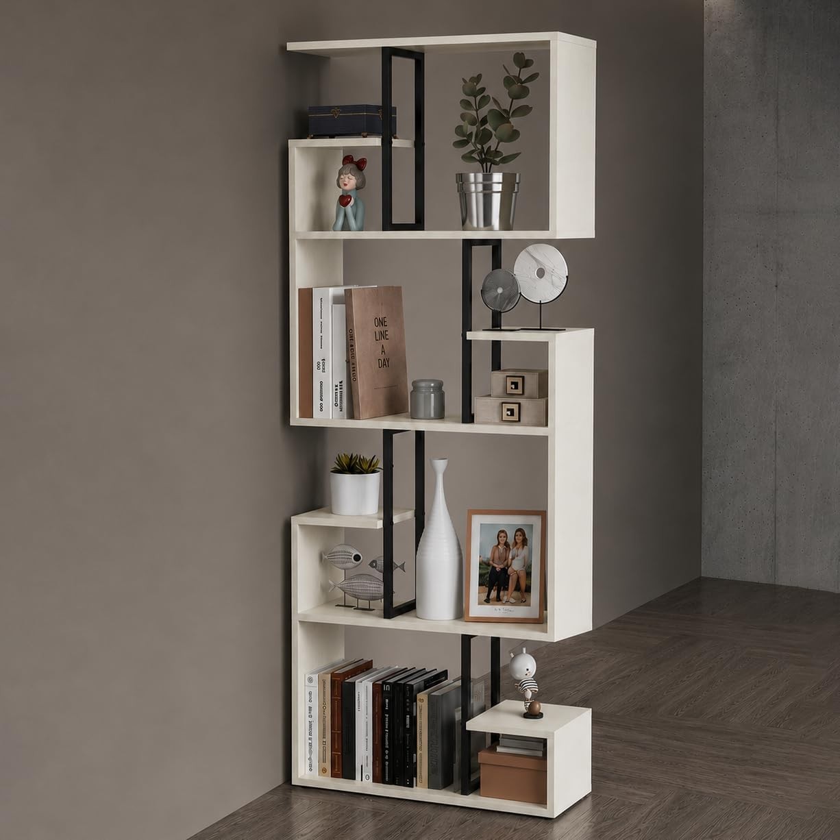 Modern Geometric Bookshelf 4 Tier Tall Bookcase W/ Open Display Shelves