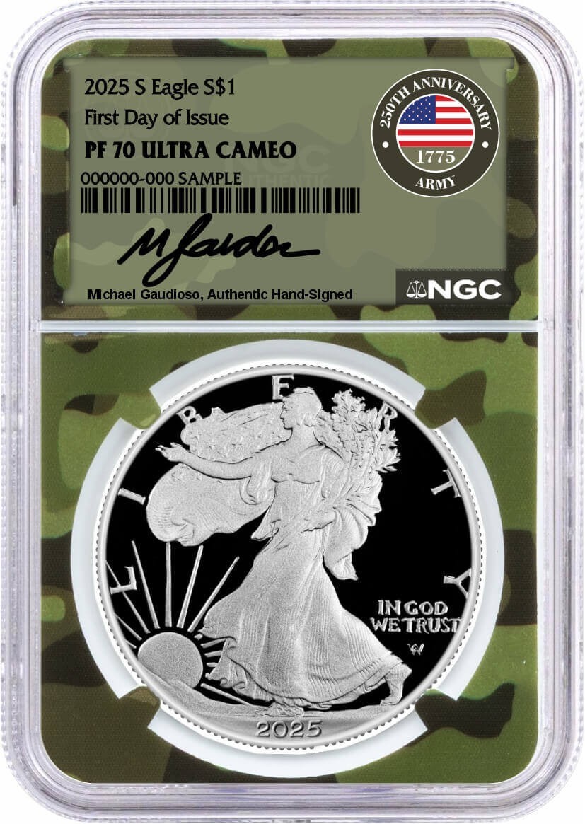 2025 S $1 Proof Silver Eagle NGC PF70 UCAM FDOI Gaudioso Signed Army Camo Core