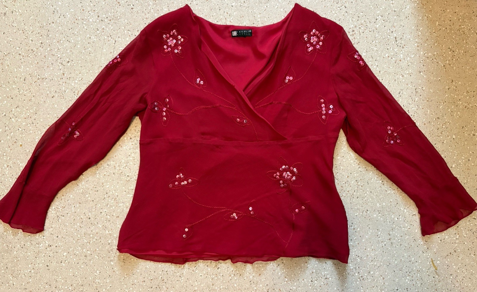 Vintage Carol Little Red sequin Embroidered Floral Sheer Blouse large