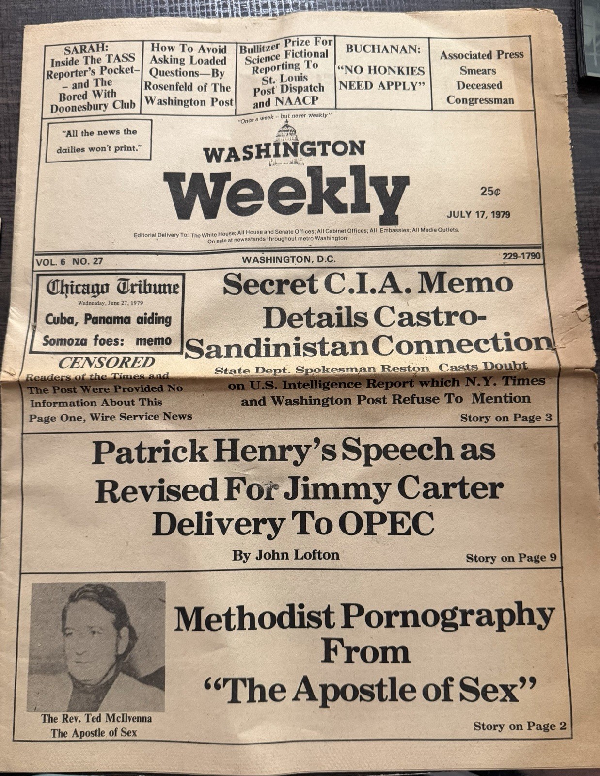 Washington Weekly July 17 1979 CIA Castro Sandinista Carter Vintage Newspaper