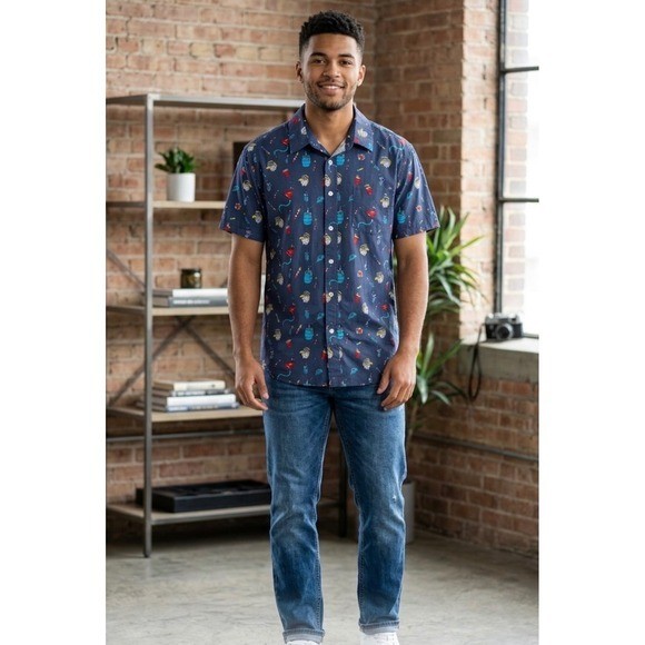 Tipsy Elves Mens XL Navy Blue Patriotic Eagle Beer Bong Short Sleeve Button Down Tipsy Elves Mens XL Navy Blue Patriotic Eagle Beer Bong Short Sleeve Button Down