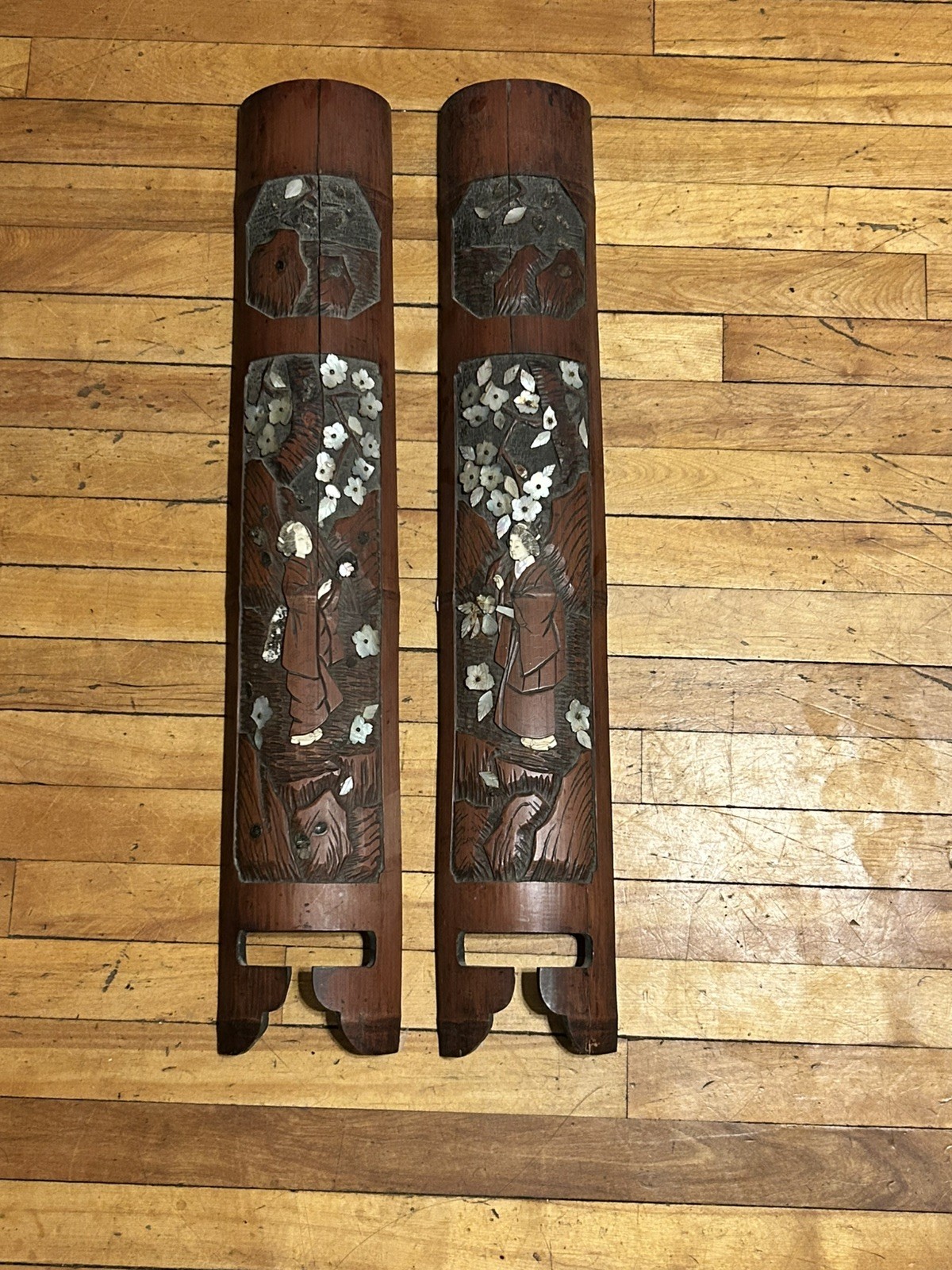 19th-century Japanese carved bamboo panels, with inlays 19th-century Japanese carved bamboo panels, with inlays
