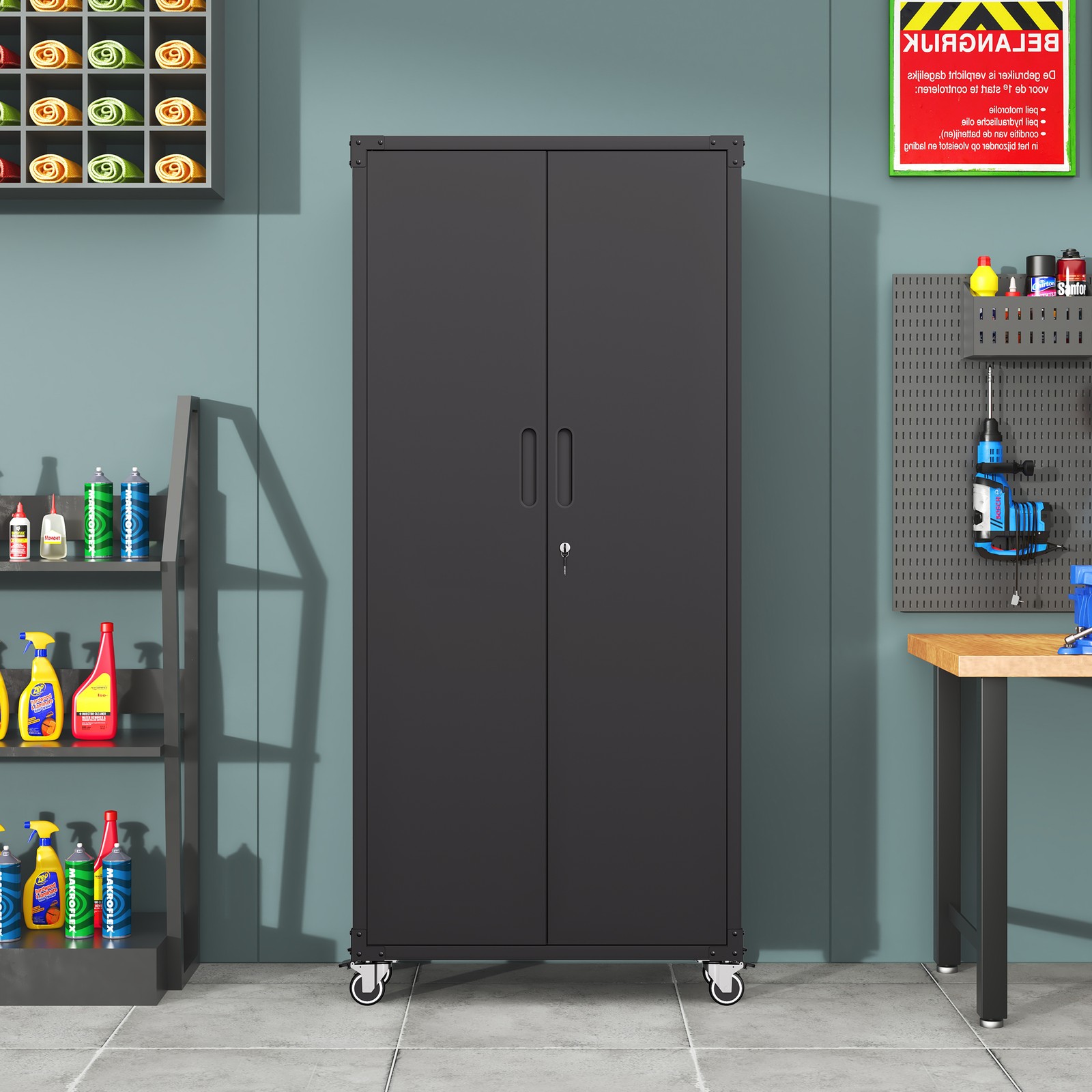 71 inch Metal Garage Storage Cabinet with Wheels and Shelves
