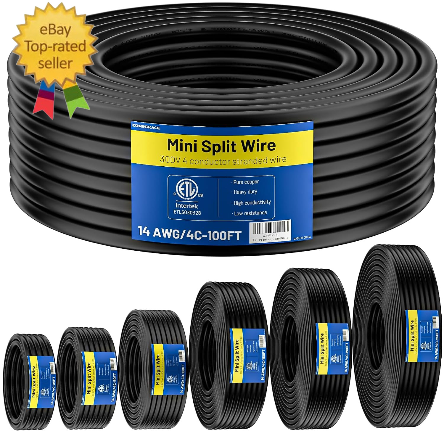 100FT 14/4 Mini Split Cable, 14 AWG 4 Conductor Stranded Pure Copper ETL Listed
