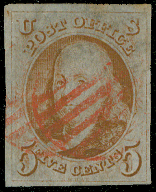 US Scott 1 Used, Red Cancel, Four Full Margins, No Faults, Nice Stamp, SCV $425 US Scott 1 Used, Red Cancel, Four Full Margins, No Faults, Nice Stamp, SCV $425