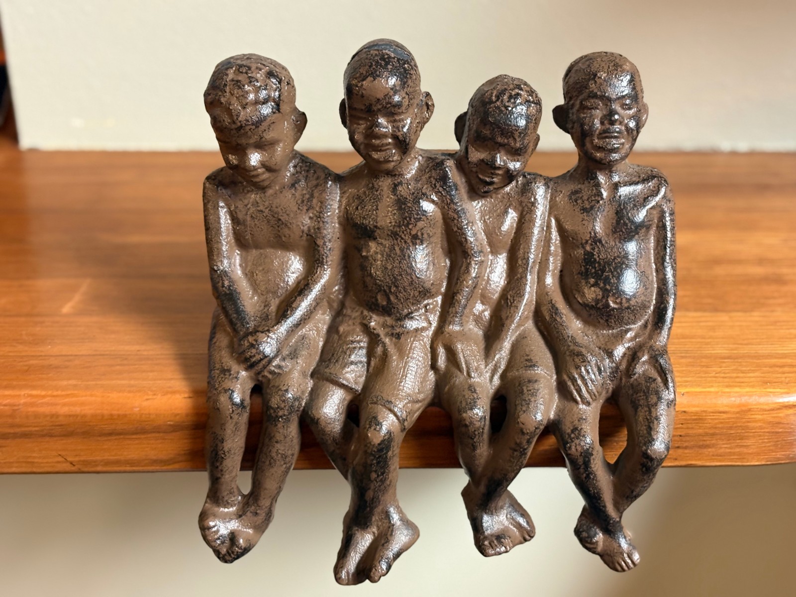 Rare Heavy Vintage Shelf Sitter Heavy Cast Iron Metal Four Boys Sitting