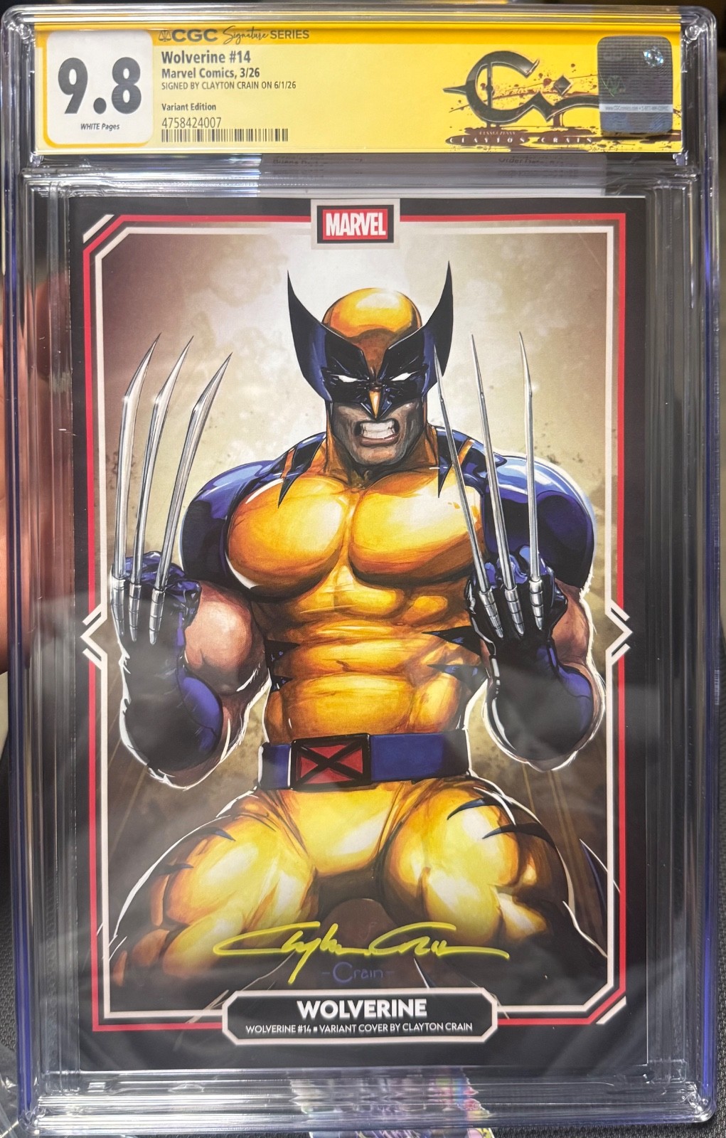 Wolverine #14 CGC 9.8 SS Clayton Crain Signed Yellow Auto Variant Marvel Comics Wolverine #14 CGC 9.8 SS Clayton Crain Signed Yellow Auto Variant Marvel Comics