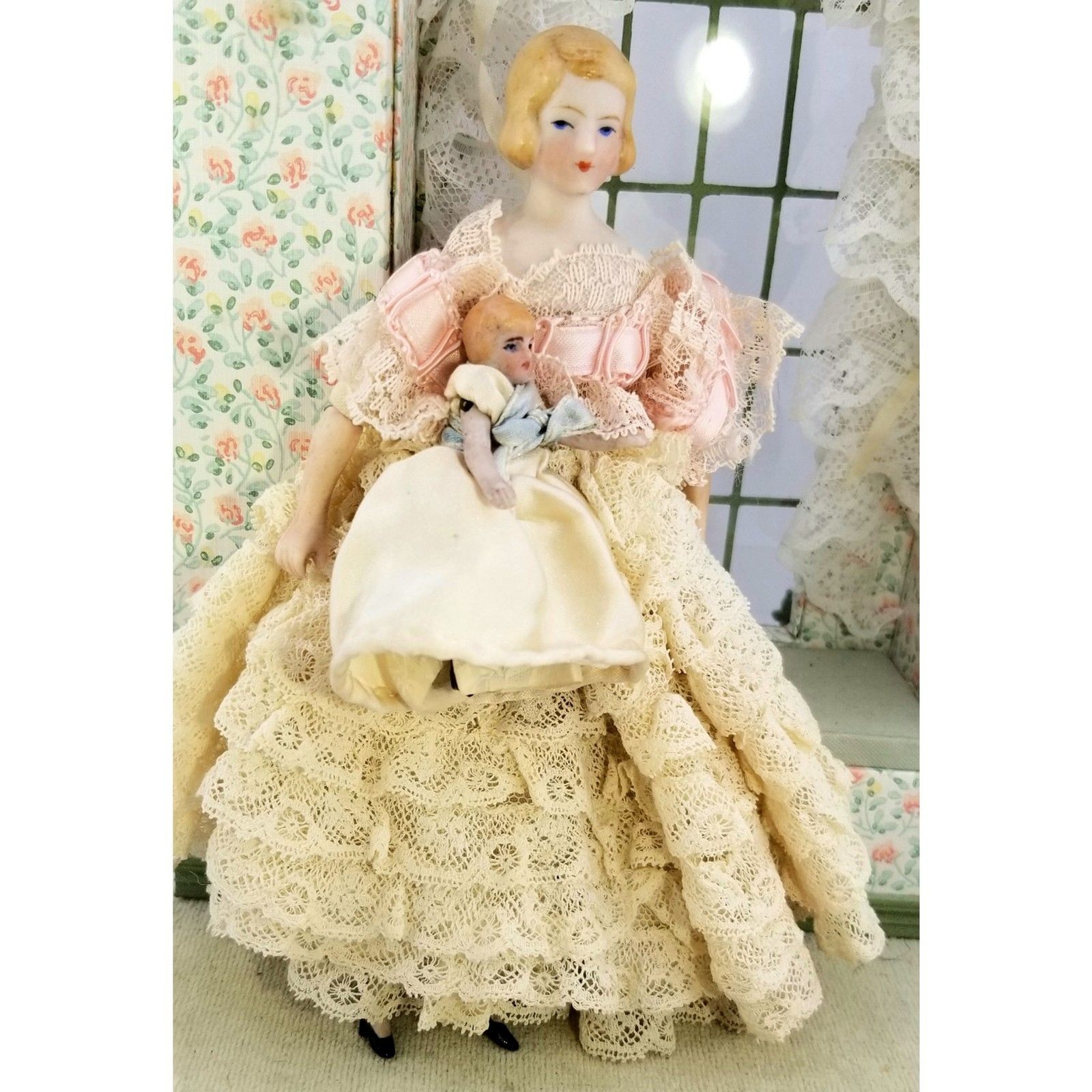 Antique German Bisque Lady Dollhouse Doll With Baby Dressed In Lace Gown 7 Antique German Bisque Lady Dollhouse Doll With Baby Dressed In Lace Gown 7