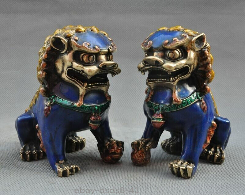 Old Pair Fengshui Bronze Cloisonne Guardion Foo Fu Dog Lion Beast Statue