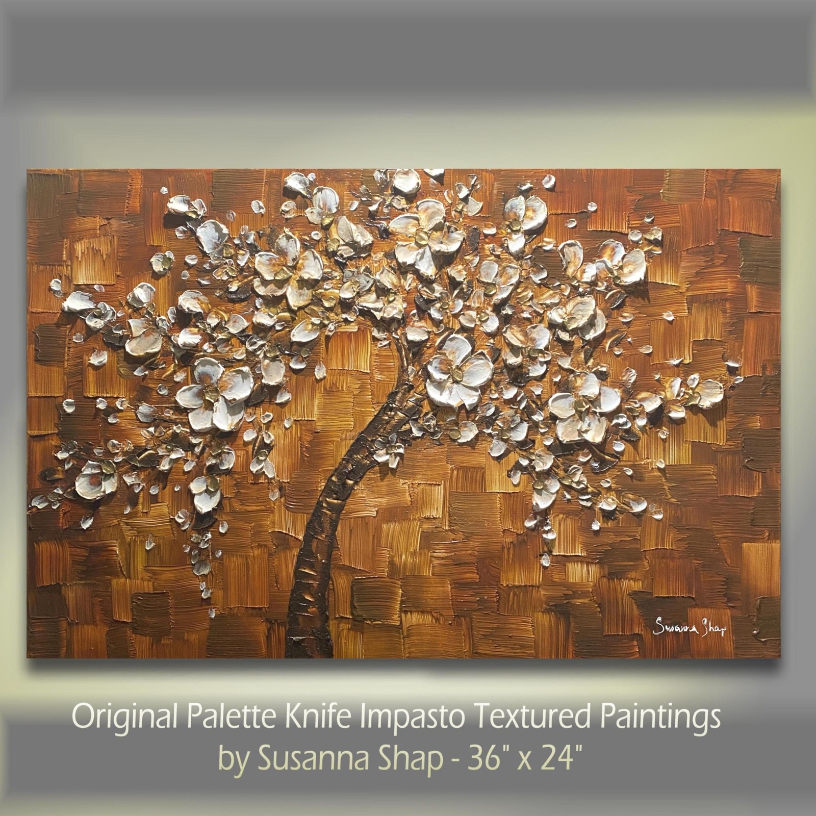 Original textured abstract tree painting, brown white Cherry Blossom 36