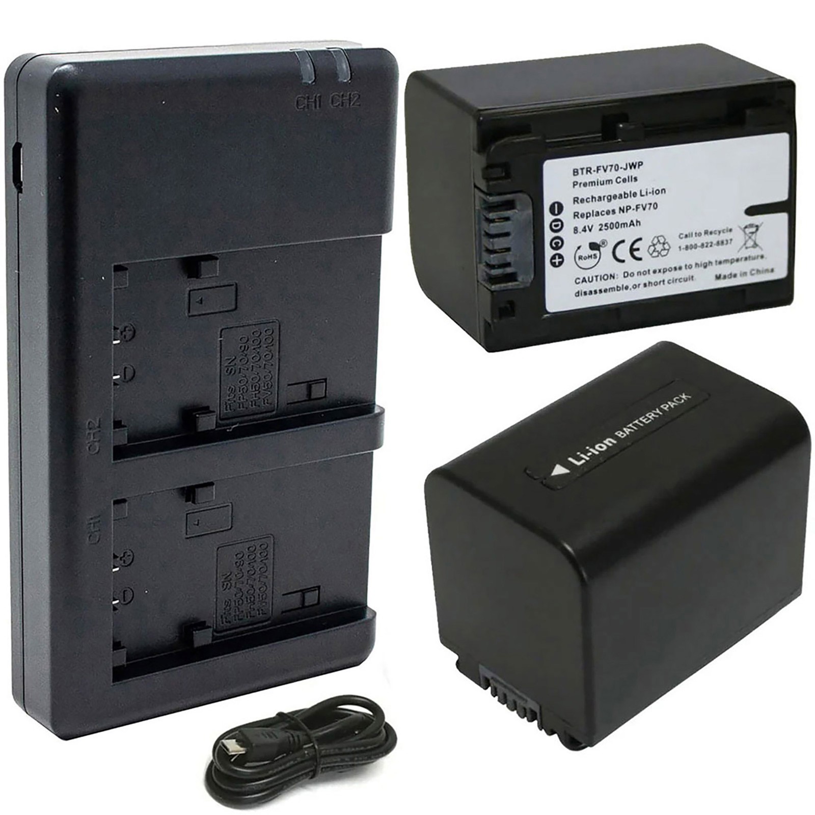 Replacement for Sony NP-FV70 Battery (2-Pack, 2500mAh) and Dual Charger Replacement for Sony NP-FV70 Battery (2-Pack, 2500mAh) and Dual Charger