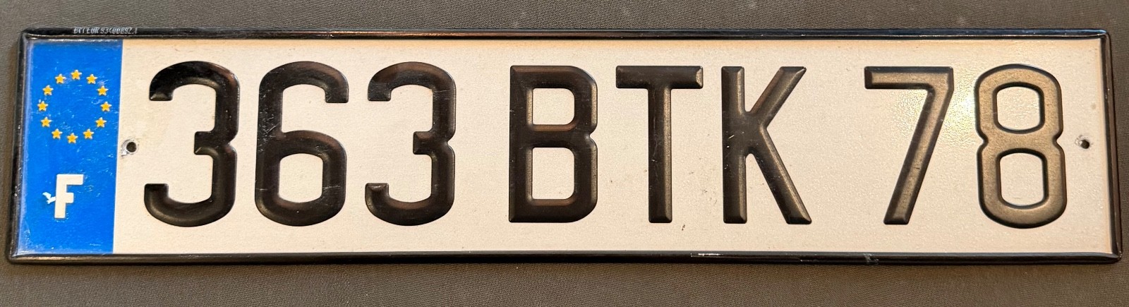 Vintage French License Plate 363 BTK 78, Yvelines, France, Embossed Aluminum Car