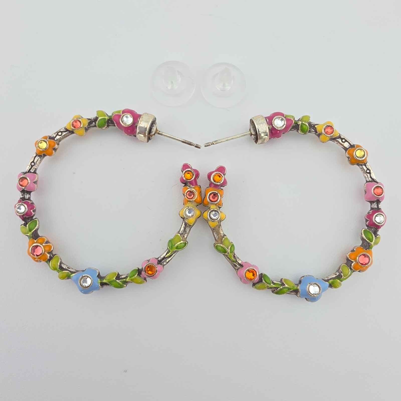 BRIGHTON \'Flower Child\' Hoop Earrings Crystal Multi-Color Enamel Silver Plate