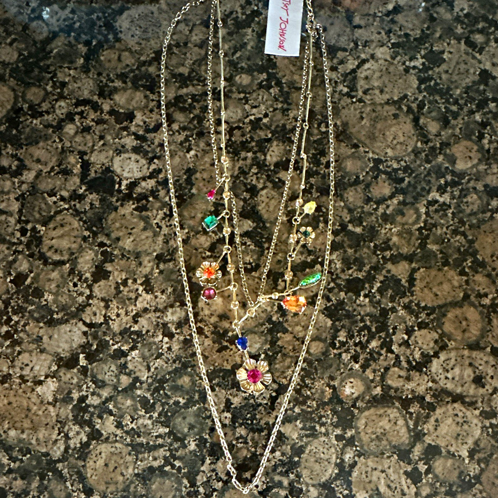 Betsey Johnson Layered Floral Charm Necklace Multicolor Crystals 16\