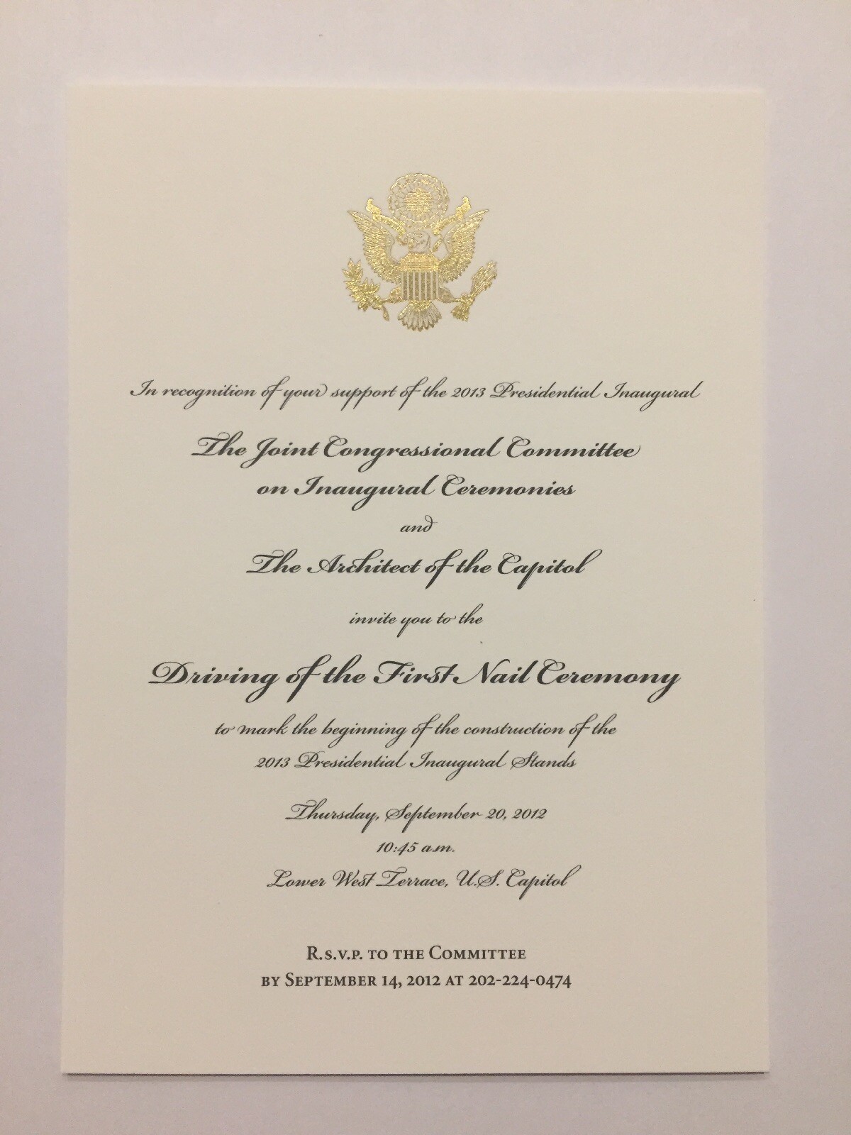 2012 President Barack Obama Inauguration Driving First Nail Ceremony Invitation