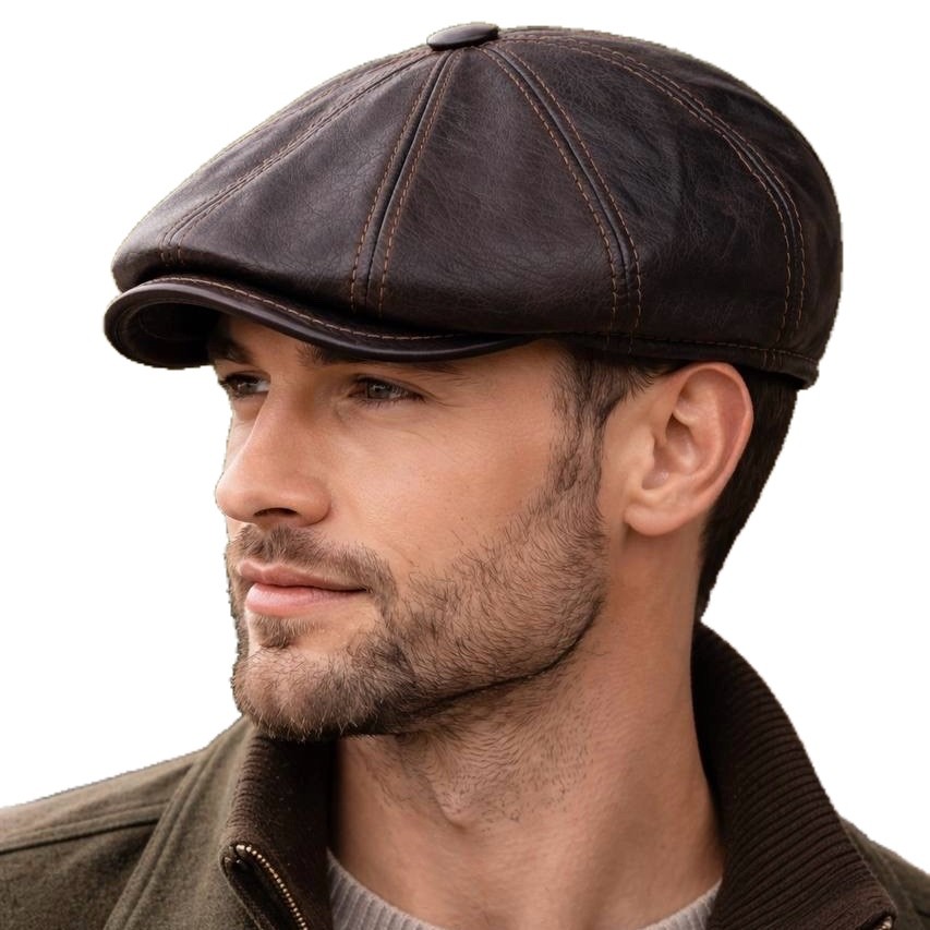 Vintage Brown  Real Leather Cabbie Hat Newsboy Ivy Cap Ear Flaps