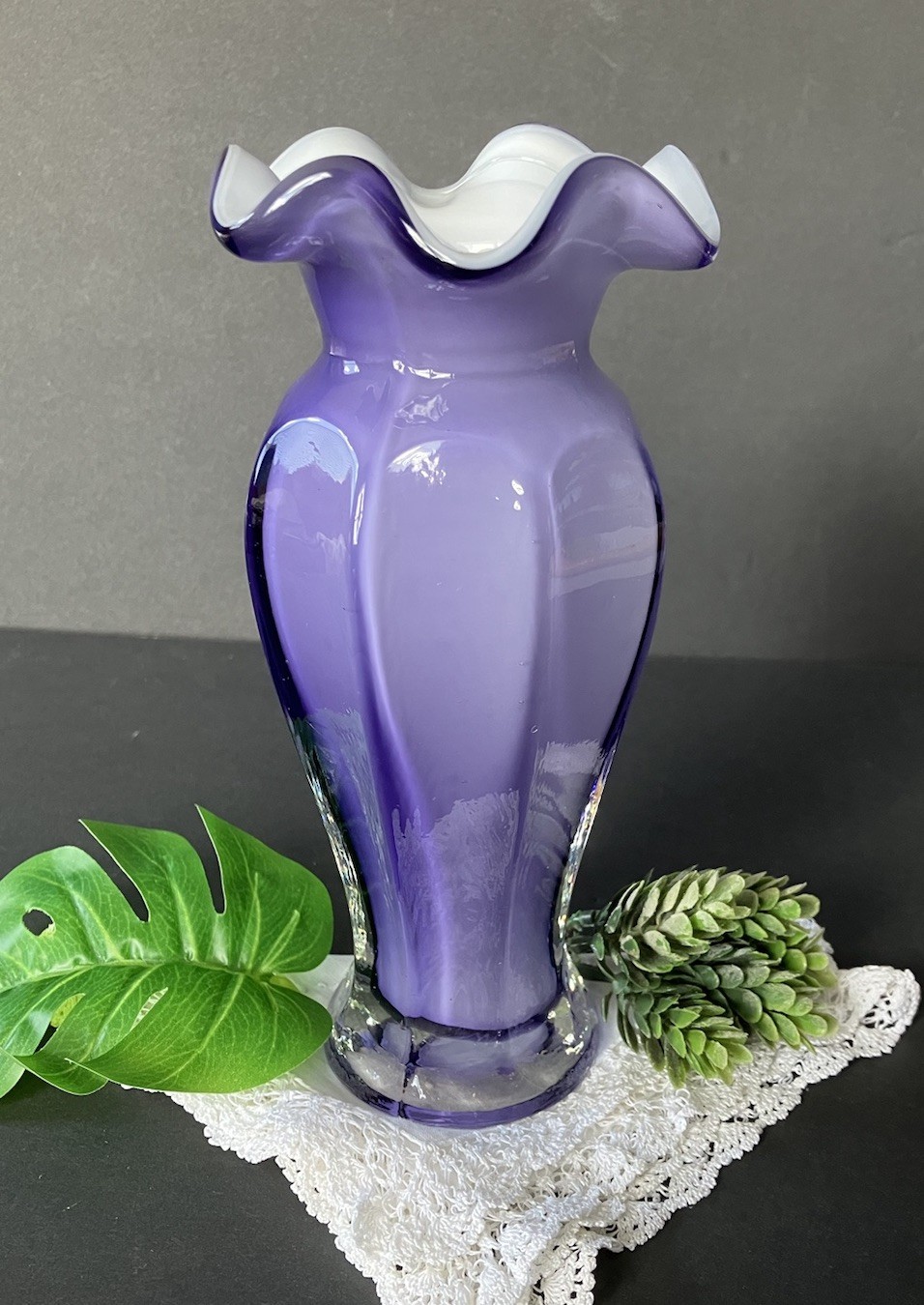 Fenton Style Cased Purple / Violet & White Paneled 8\ Fenton Style Cased Purple / Violet & White Paneled 8\