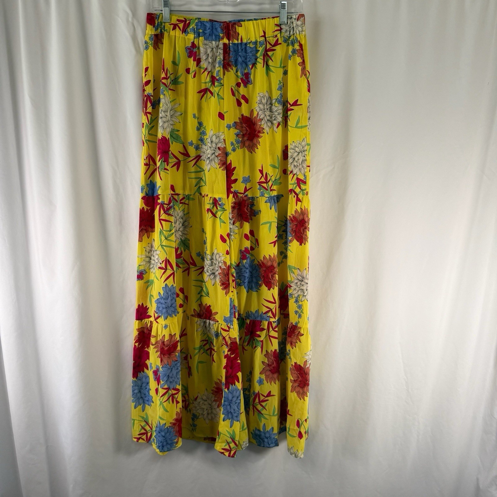 UMGEE Wide Flared Leg Pants Large Yellow Floral Pull On Elastic Waist High Rise