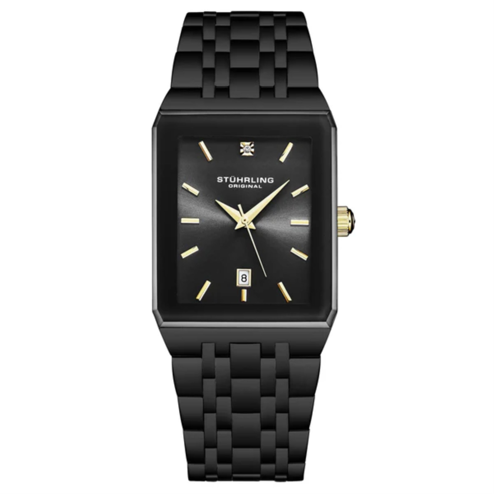 Stuhrling 4084 3 Empire Edge Quartz Date Black Dial Stainless Steel Mens Watch