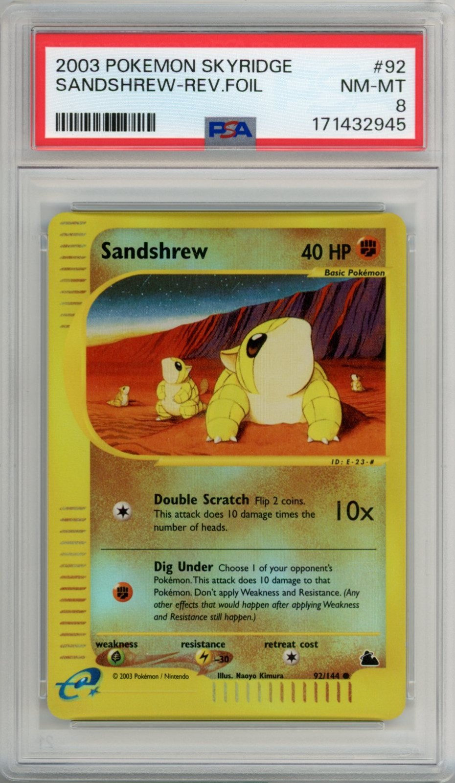 2003 Pokemon PSA 8 Sandshrew Reverse Foil - 92/144 Skyridge NM-MT 2003 Pokemon PSA 8 Sandshrew Reverse Foil - 92/144 Skyridge NM-MT