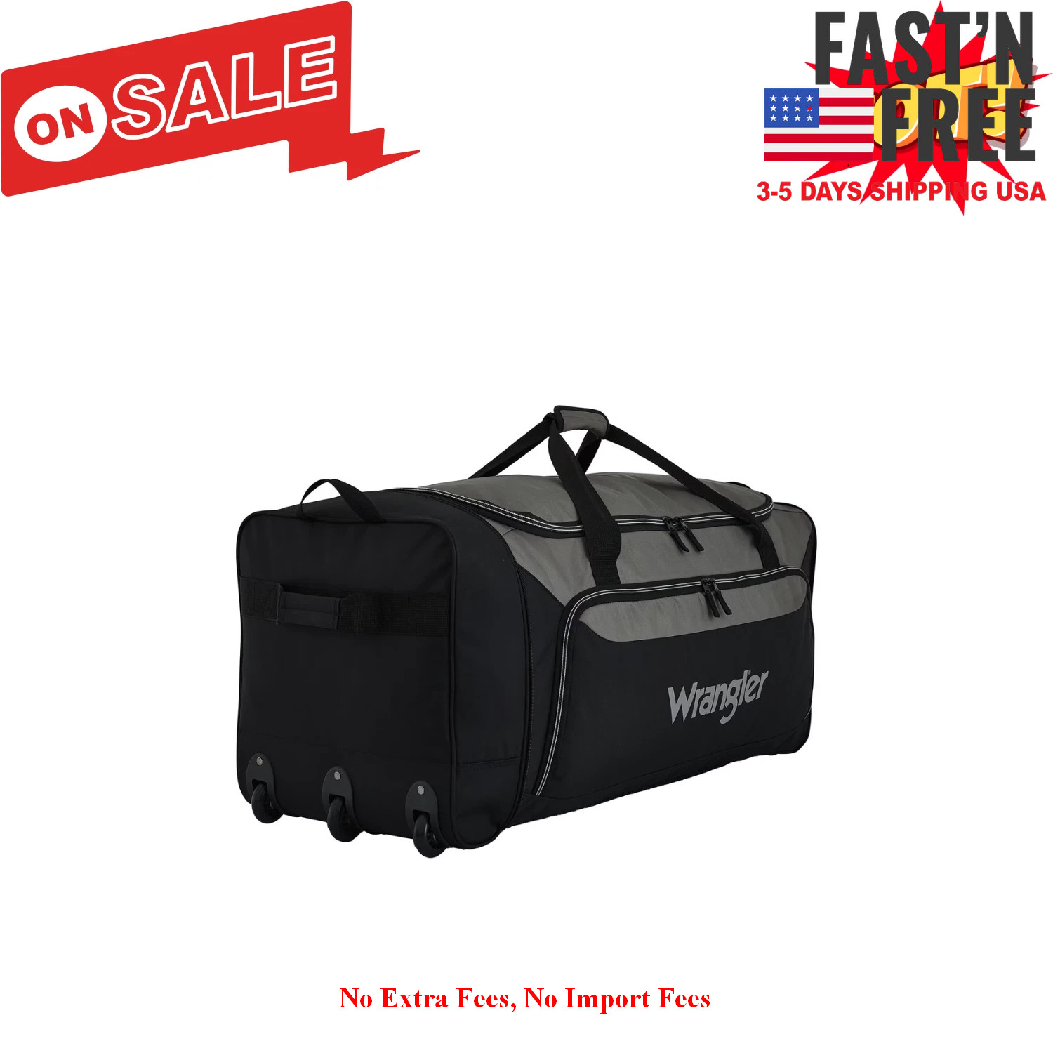 Wrangler 36-inch Jumbo Collapsible 3-Wheel Rolling Locker Duffel Bag Black, NEW