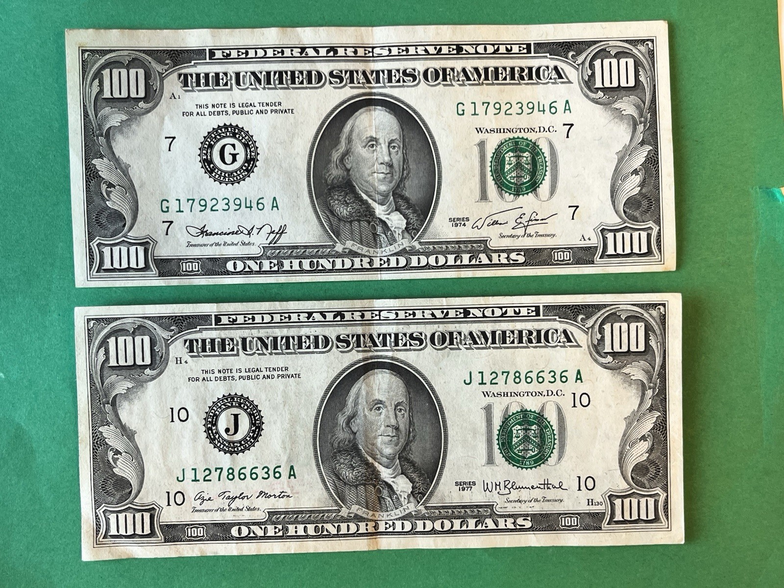 Crispy 1974 & 1977 $100 Federal Reserve Notes - Shipping Discounts