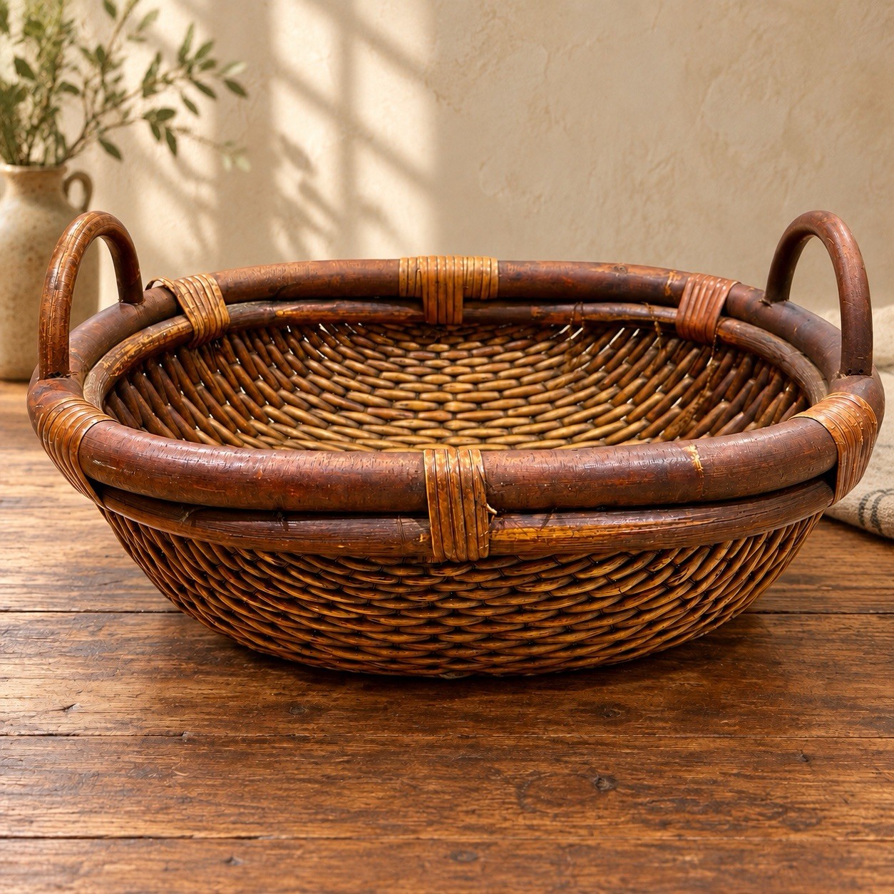 Antique Chinese Willow Rice Grain Basket Vintage Woven Rattan Bentwood Handle