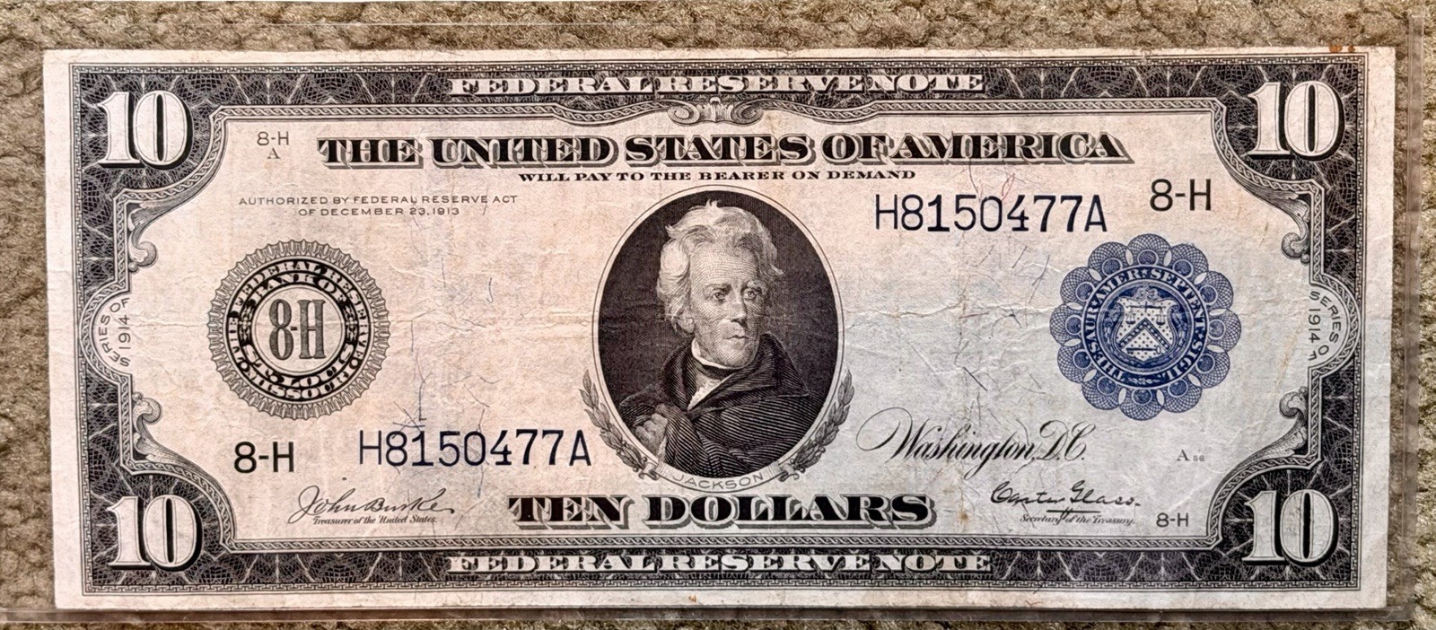 RARE 1913 RESERVE $10 LARGE CURRENCY Jackson Agriculture and Industry Bill Ten RARE 1913 RESERVE $10 LARGE CURRENCY Jackson Agriculture and Industry Bill Ten