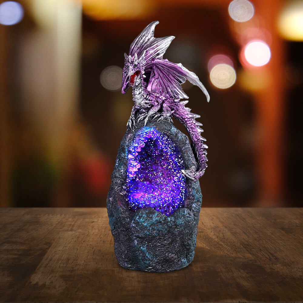 LED Figurine Purple Dragon Faux Crystal Stone Statue 6.75