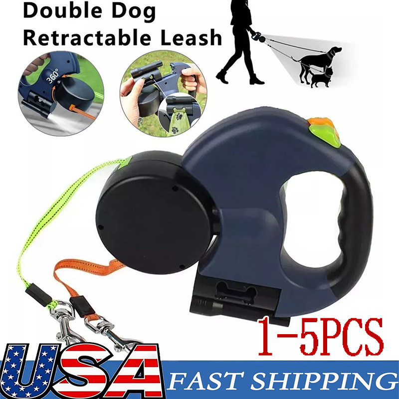 Dual Pet Leash Retractable Reflective Lead 360 Swivel Double Dog Walking Leash