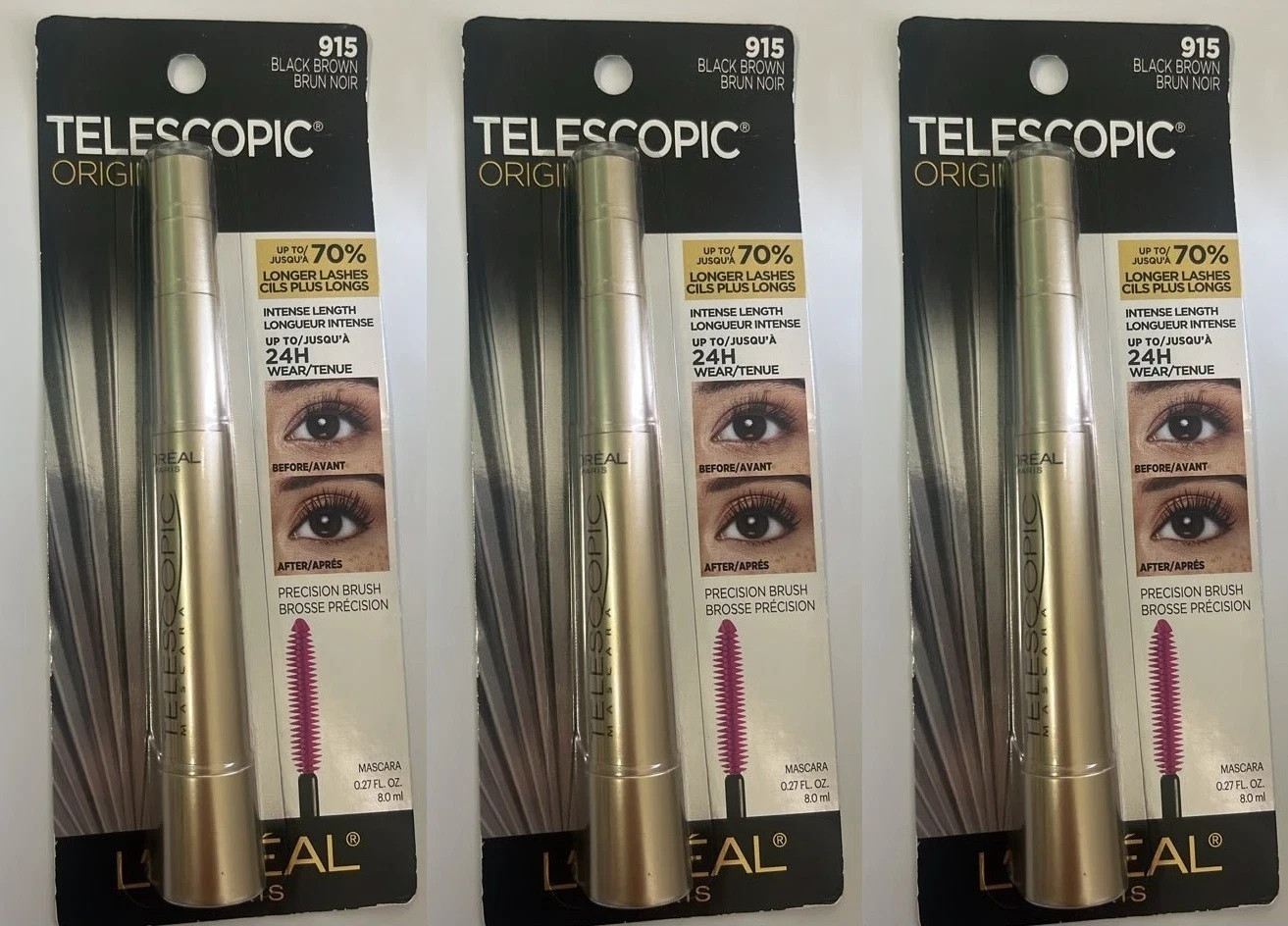 3x L\'Oreal Paris Makeup Telescopic Original Mascara, 915 Black Brown 3x L\'Oreal Paris Makeup Telescopic Original Mascara, 915 Black Brown